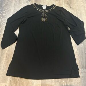 Jaclyn Smith Black Tunic with Embellished Neckline size small 3/4 sleeves
